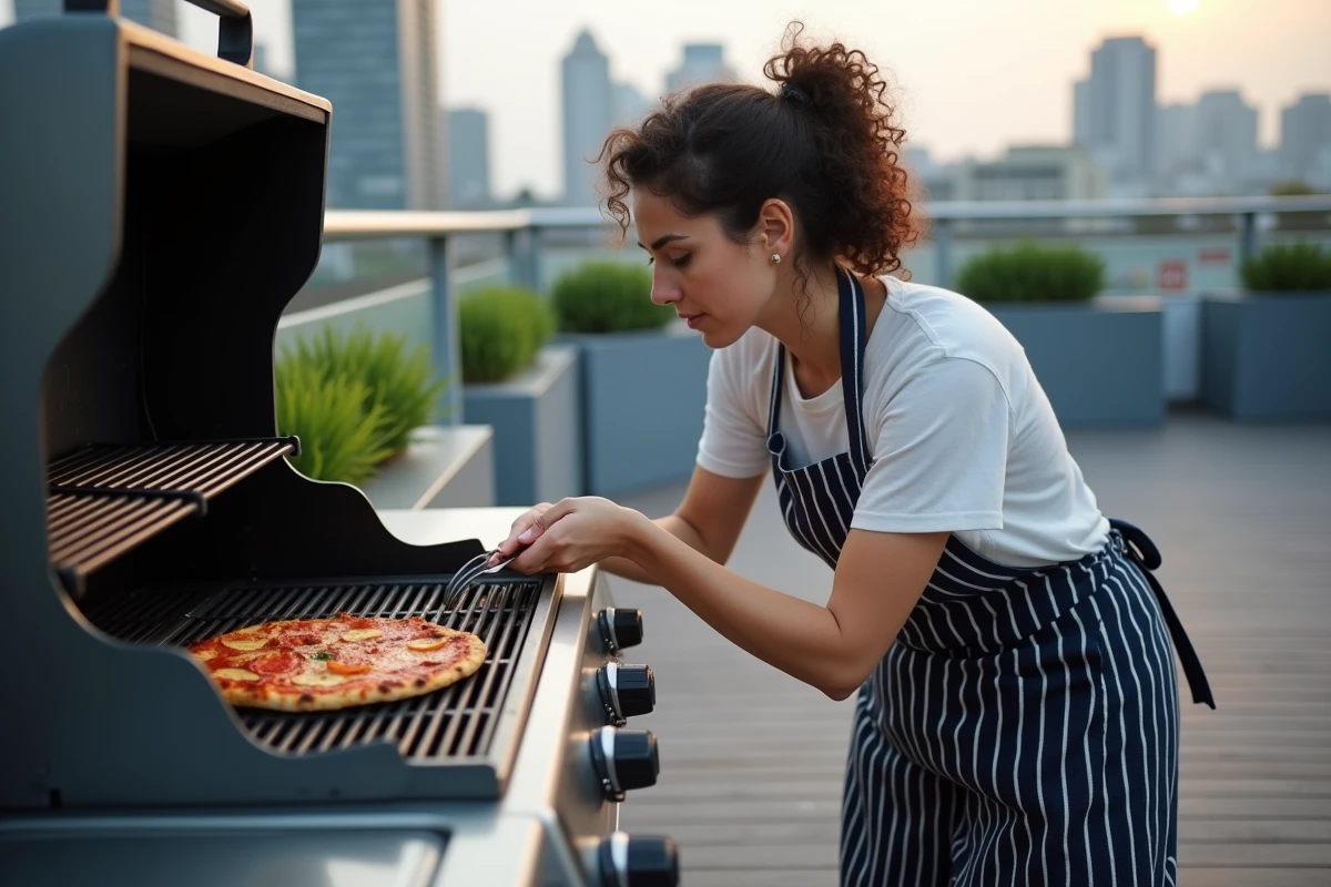 Femme inspectant une pizza en train de cuire sur un barbecue à gaz sur une terrasse urbaine