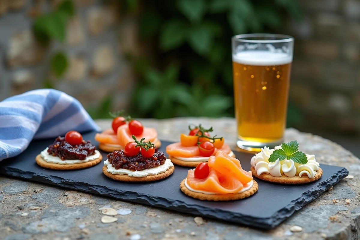 Plateau de craquelins bretons garnis de saumon fumé, confiture de figue et tapenade servi en terrasse