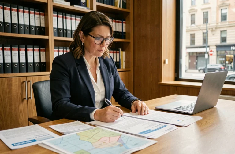 Professionnelle de l'immobilier analysant des documents fonciers et des plans cadastraux dans un bureau notarial moderne