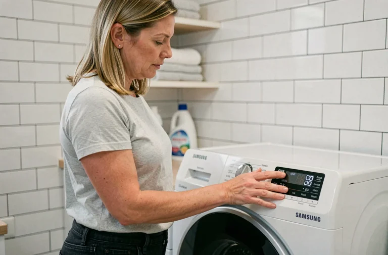 Femme réinitialisant le programme d'une machine à laver Samsung Eco Bubble dans une buanderie moderne