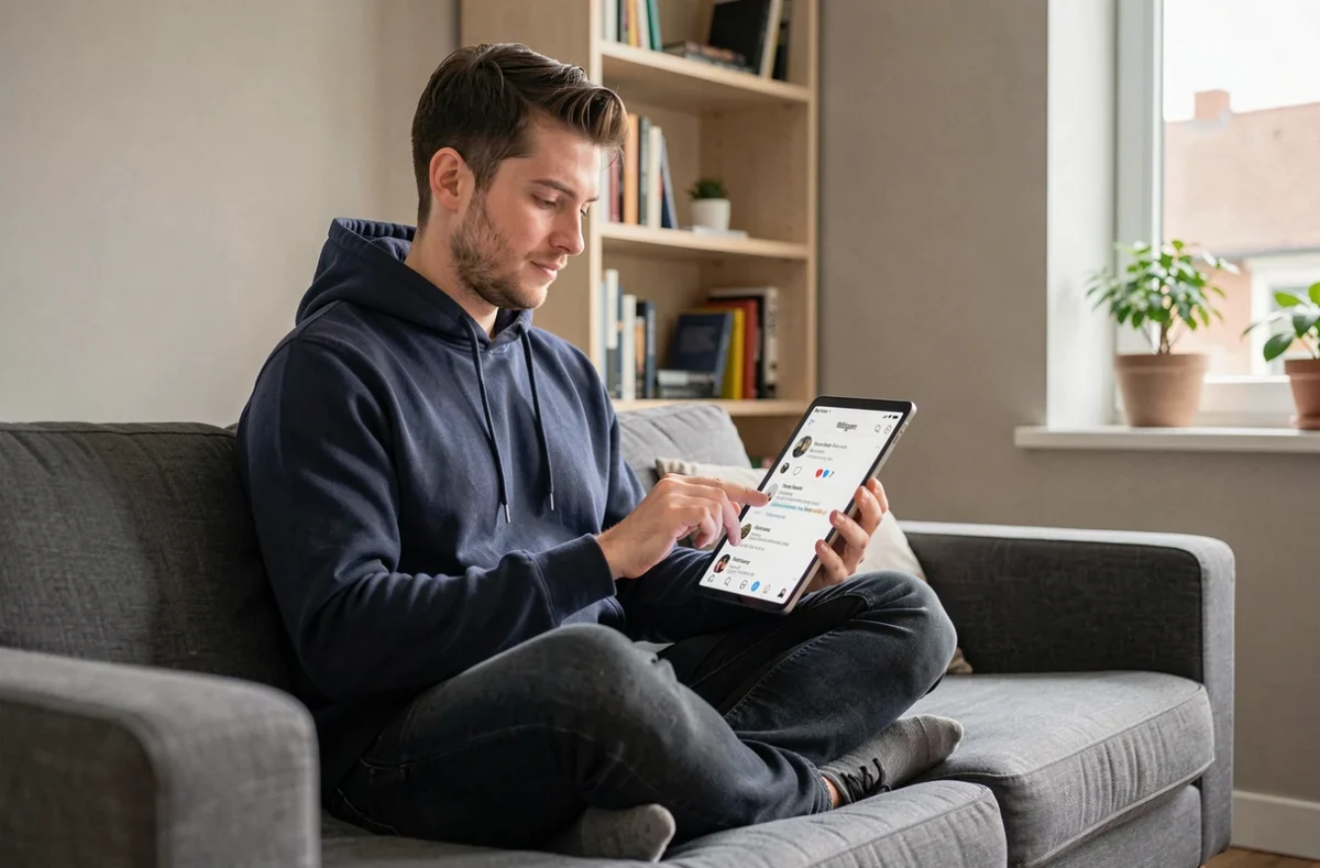 Homme naviguant dans les demandes envoyées sur Instagram via une tablette depuis son salon moderne