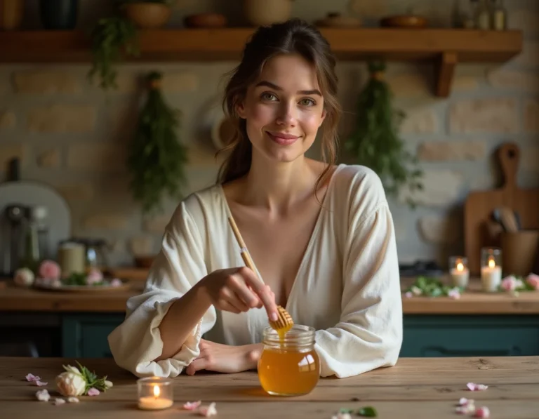 Femme versant du miel dans un bocal dans une cuisine rustique pour un rituel d'amour