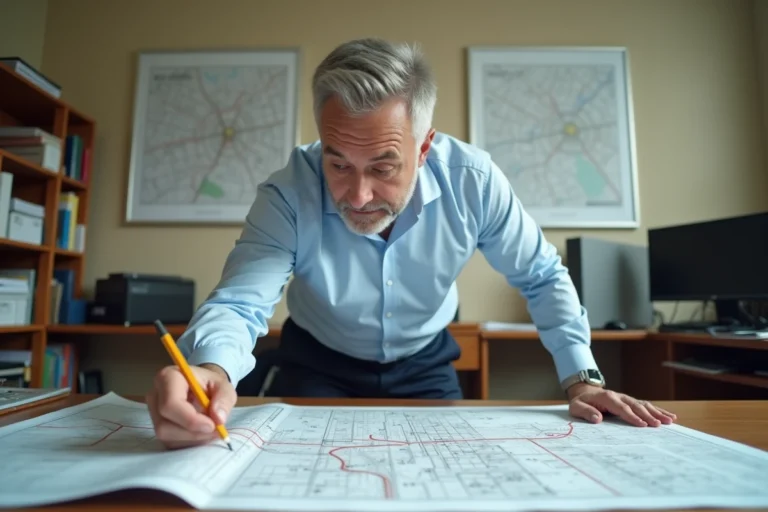 Technicien municipal consultant un plan de réseau tout à l'égout sur une table de travail dans un bureau administratif