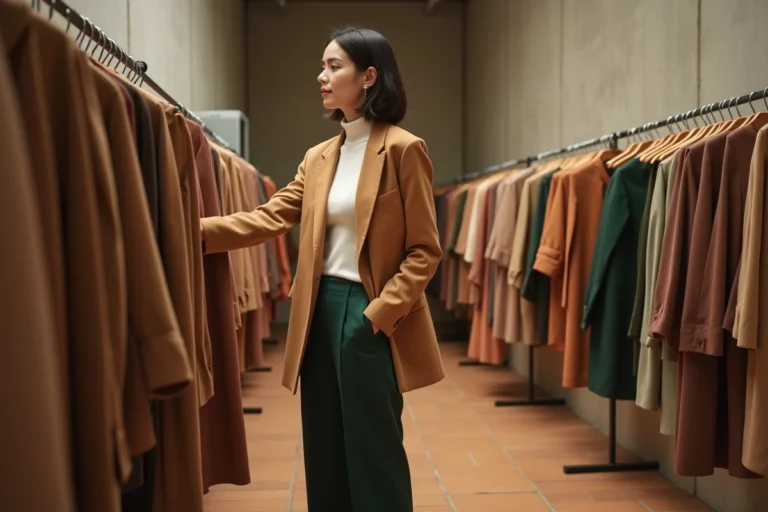 Jeune femme élégante en blazer camel et pantalon large vert dans une boutique de mode minimaliste parisienne