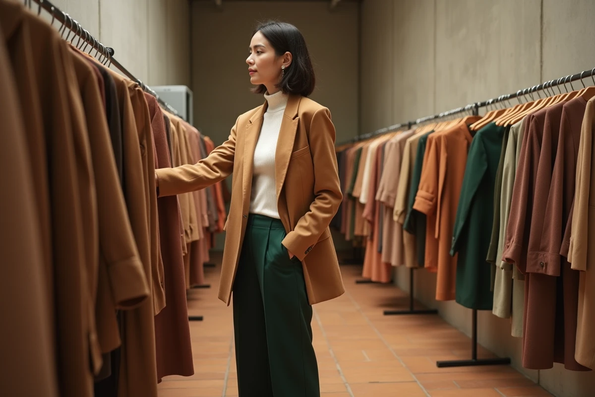 Jeune femme élégante en blazer camel et pantalon large vert dans une boutique de mode minimaliste parisienne