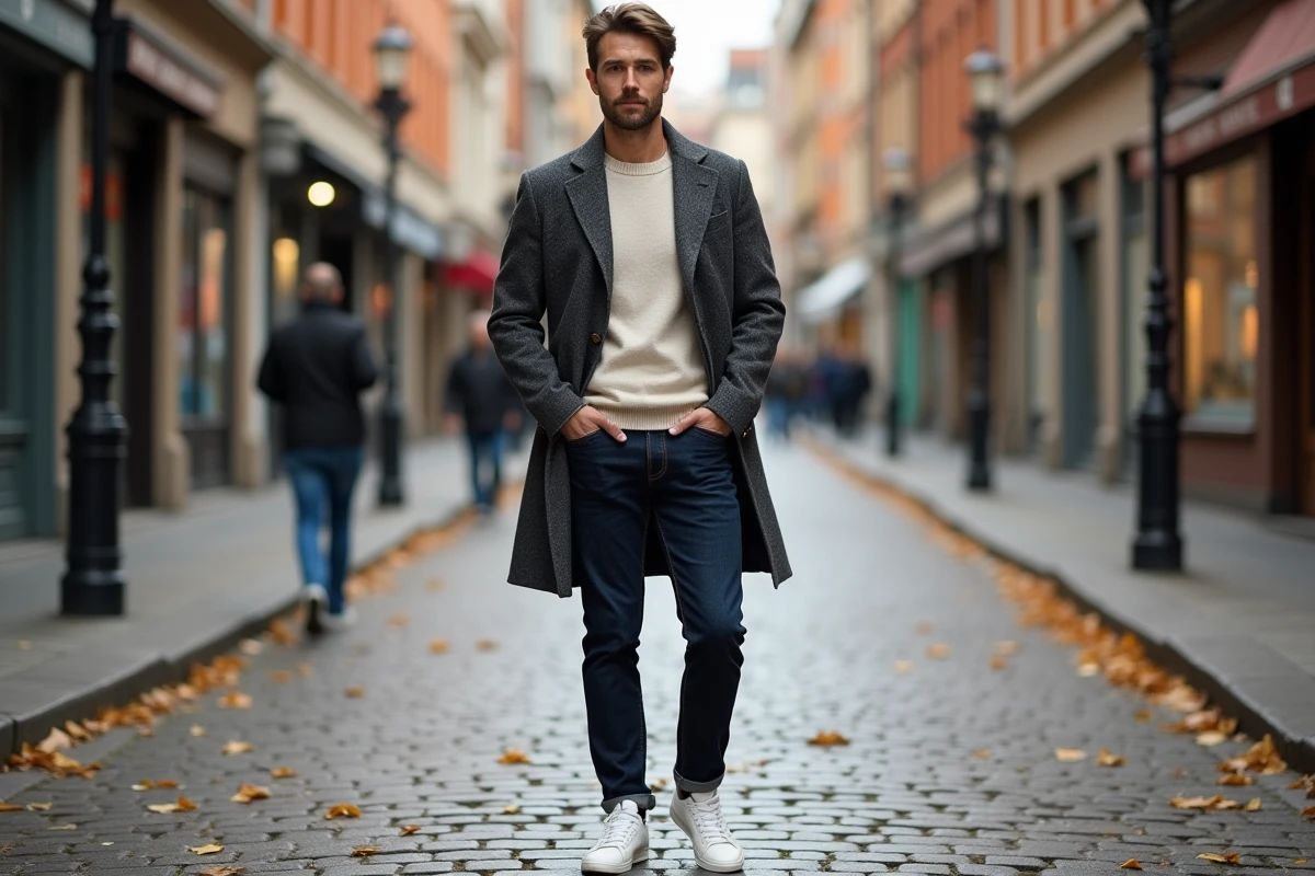 Homme stylé en manteau charcoal et denim indigo dans une rue pavée européenne en automne