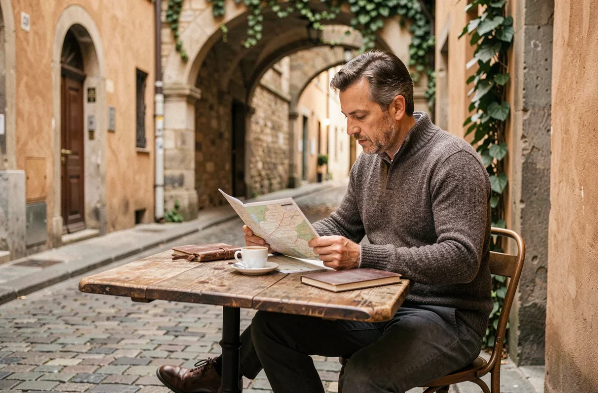 Voyageur consultant une carte routière en terrasse d'une brasserie dans le Vieux-Lyon avec architecture Renaissance