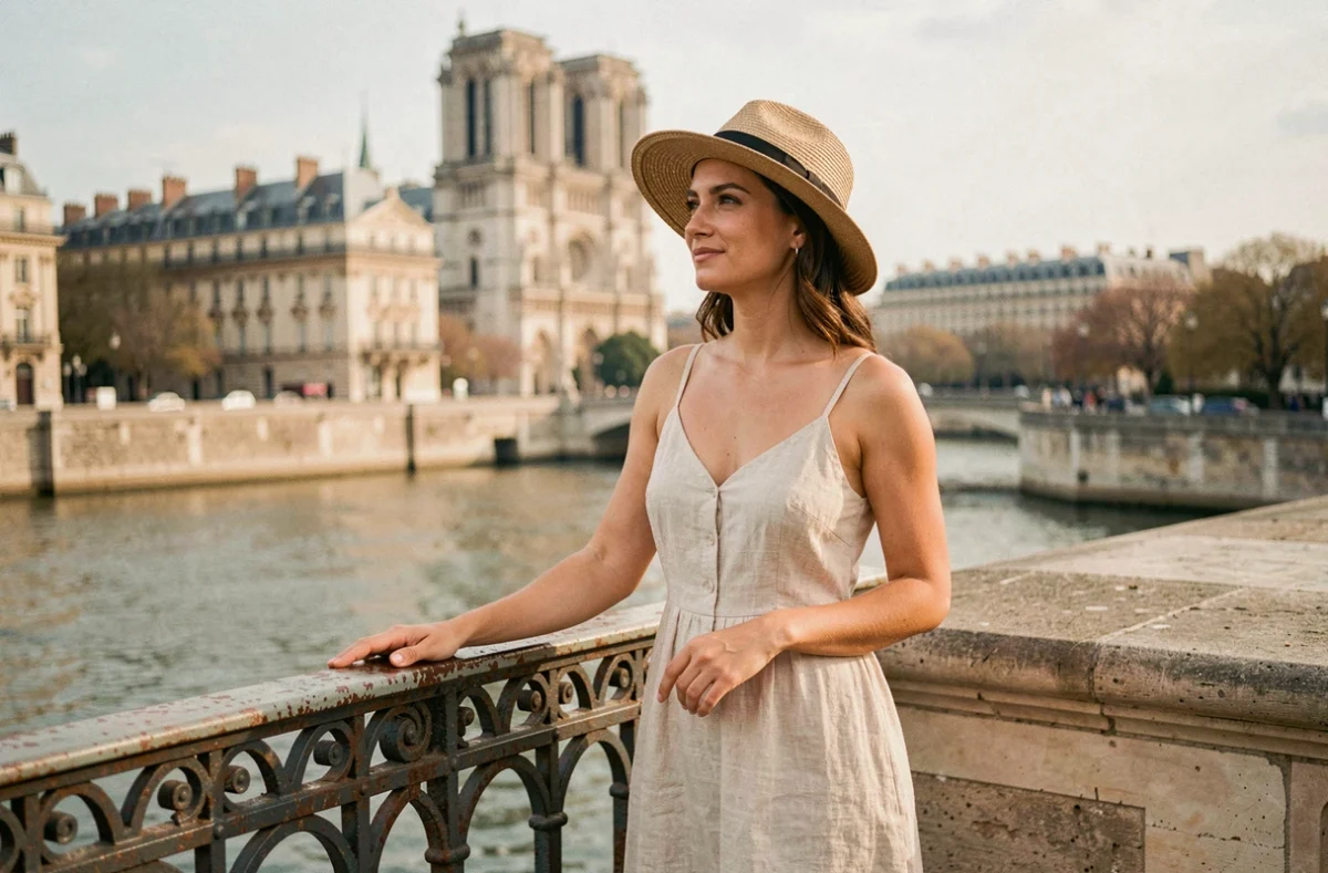 Femme en robe de lin sur le Pont des Arts à Paris avec vue sur la Seine et les toits haussmanniens