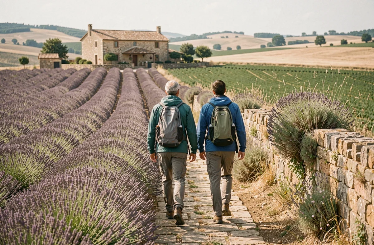 Couple en randonnée dans un champ de lavande en Provence avec mas provençal et collines en arrière-plan