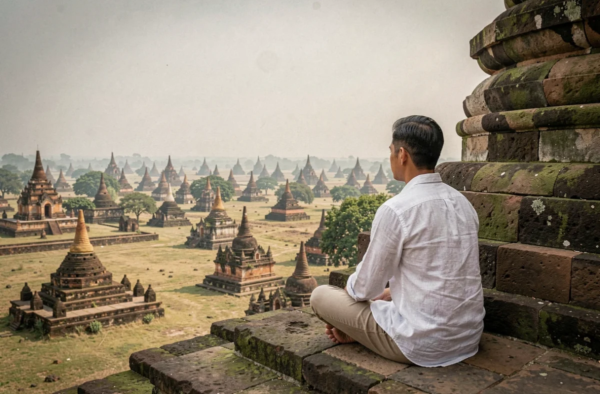 Voyageur contemplatif assis sur les marches d'un temple bouddhiste à Bagan en Birmanie avec vue sur la plaine des pagodes