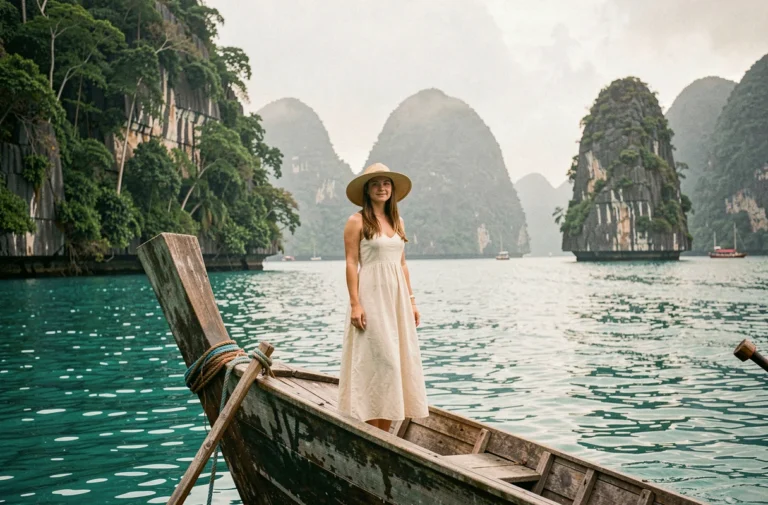 Voyageuse sur un bateau traditionnel en bois dans la baie de Phang Nga en Thaïlande, entourée de falaises calcaires verdoyantes