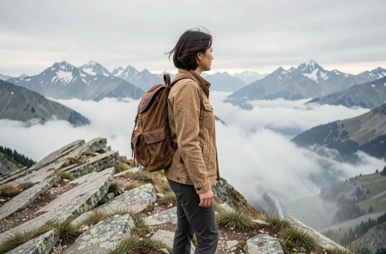 Femme exploratrice debout sur une crête de montagne contemplant un vaste paysage alpin brumeux lors d'un voyage d'aventure